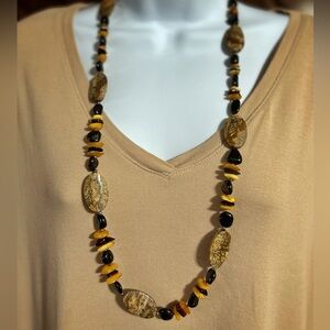 Fabulous Fine Amber, Picture Jasper Sterling Silver Lariat Necklace Handmade Art